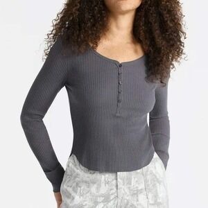 Ribbed Shirttail Henley Top Y2K Vibe Scoop Neck XXL Charcoal Gray Shirt 2XL NWT